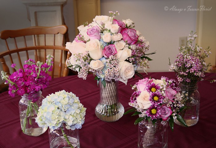 Wedding bouquets and reception table items