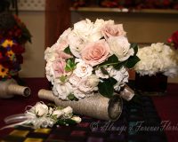 Cream and pink bridal bouquet and corsage