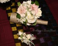Cream and pink rose wedding bouquet and bout