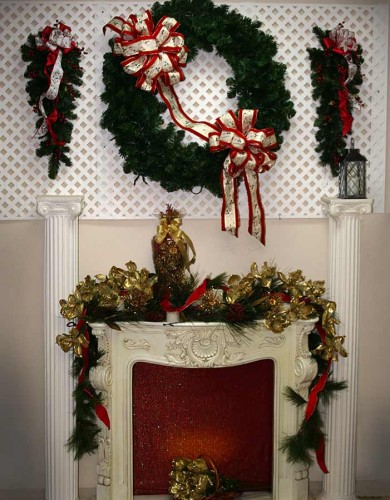 Large silk christmas wreath above mantle