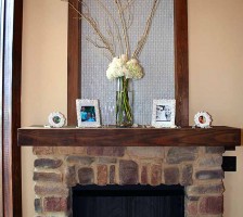 Wedding memorabilia on fireplace mantle