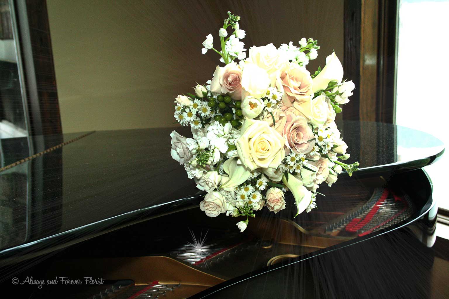 Bridal Bouquet On Bella Collina Mansion Piano