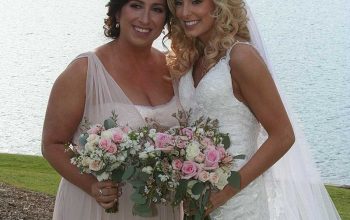 Bride and bridesmaid with bouquets