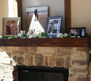 Memorabilia on fireplace hearth
