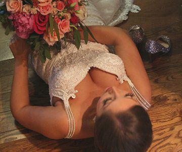 Overhead view of bride and bouquet