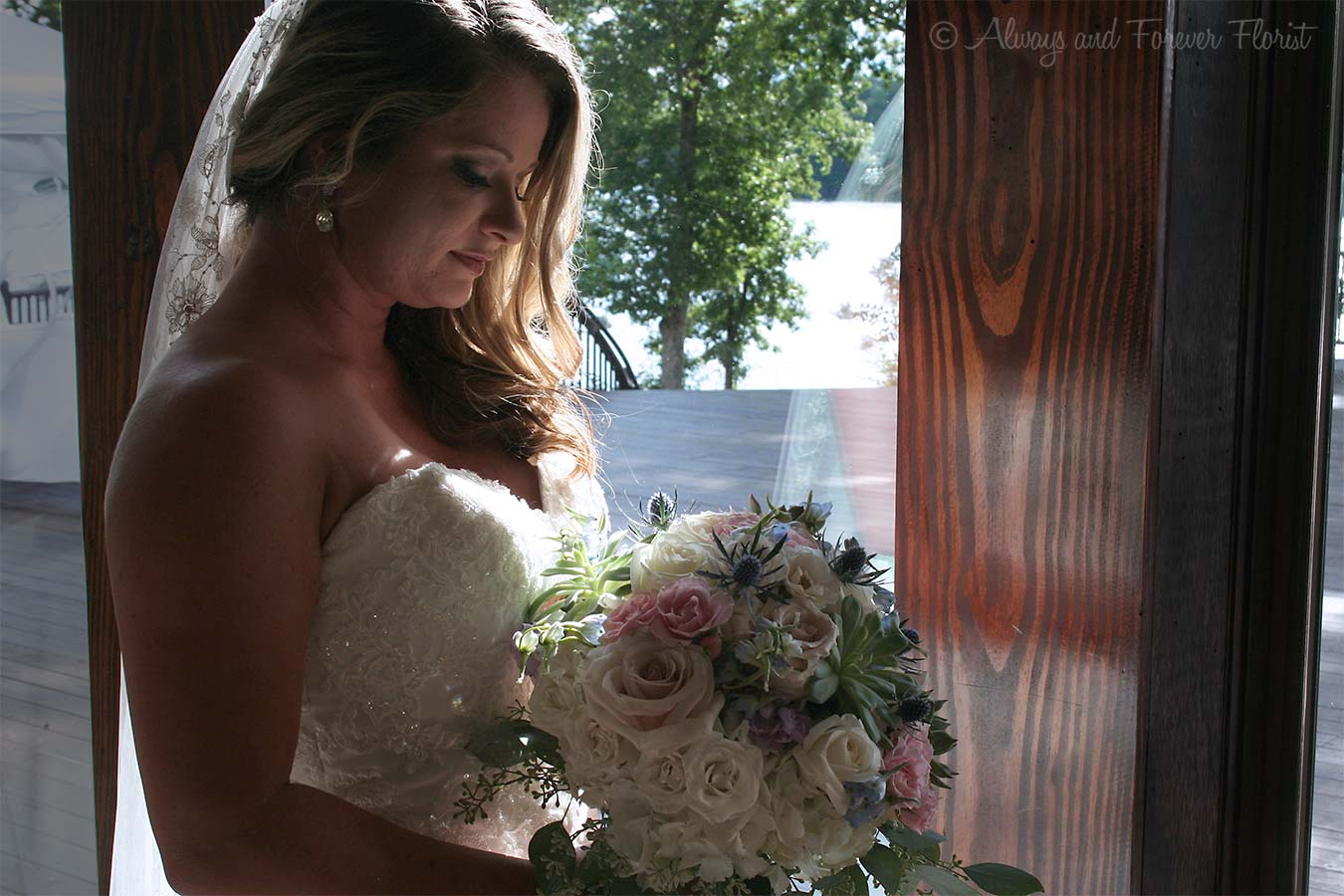 Bridal bouquet in the shadows.