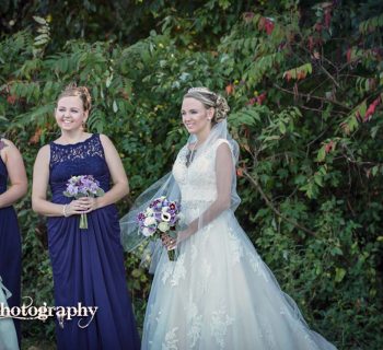 Bouquets match both dress colors